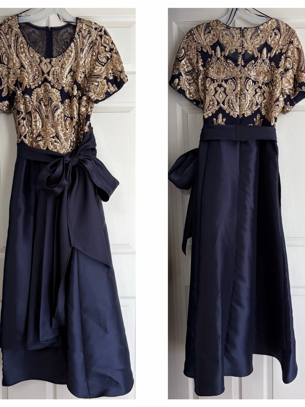 R&M Richards Navy Dress with Gold Sequin Bodice and Sash Midi High-Low